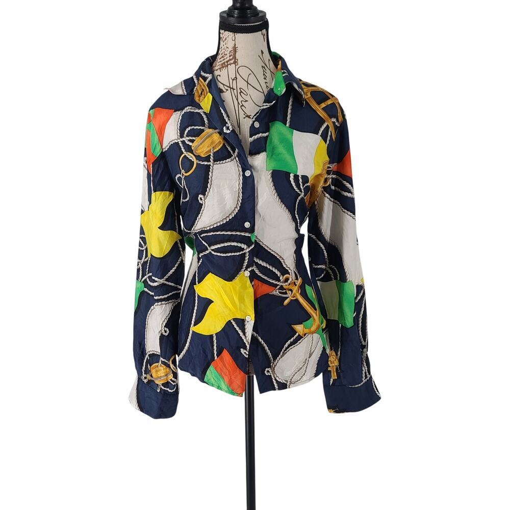 Lauren by Ralph Lauren Rare Vintage Silk Nautical ladies blouse anchors Size 10